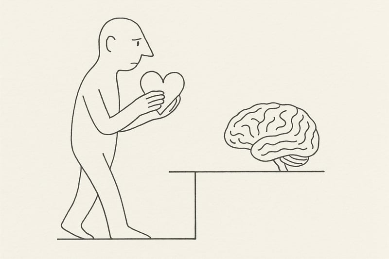 Main esquissée tenant un cœur face à un cerveau posé, équilibre visuel sobre évoquant l’idée que l’EQ guide la performance au-delà du seul QI.